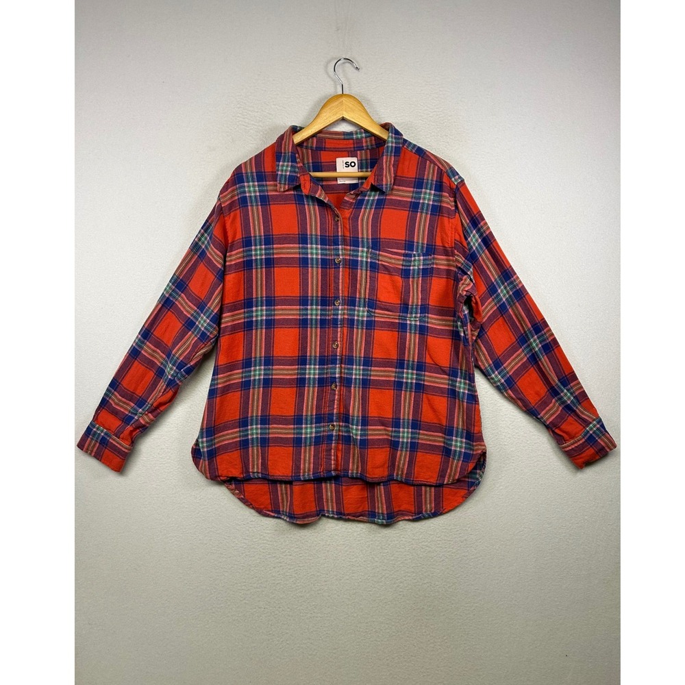 Grunge Aesthetic SO Womens Large Red Blue Plaid Cotton Flannel Button Down Shirt